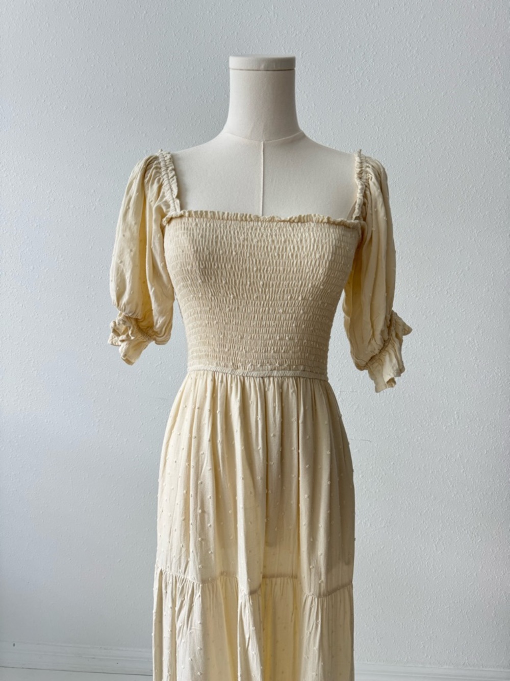 Cream Smocked Midi Dress Cottagecore Puff Sleeve Boho Swiss Dot Tiered Romantic - Picture 2 of 8